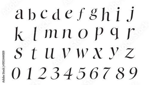 Elegant serif lowercase alphabet and numbers set, Modern high contrast typeface, for branding, editorial, and luxury design, Scalable vector lettering style