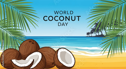 Coconuts on sandy beach with palm trees and ocean view celebrating world coconut day