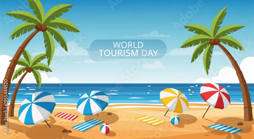 Beach scene with palm trees colorful umbrellas and lounge chairs on sandy shore by ocean for world tourism day