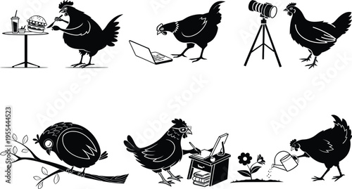 Collection of chickens engaging in various human like activities in black and white