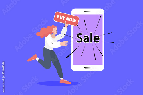 Happy woman running with buy now sign and smartphone for online sale promotion