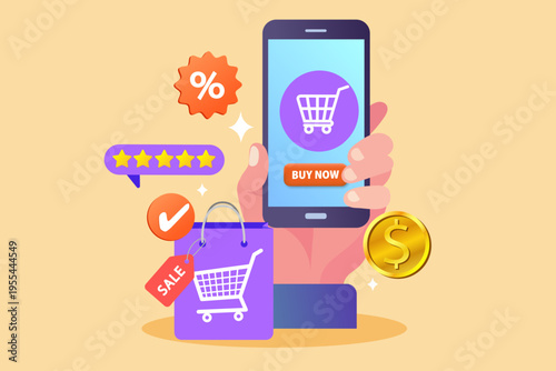 Smartphone with buy now button shopping bag and gold coin for online commerce