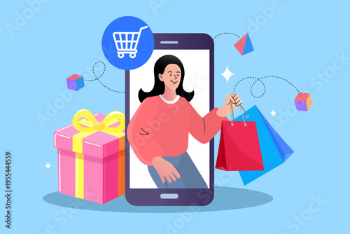 Woman with shopping bags and gift box emerging from smartphone, online marketplace concept