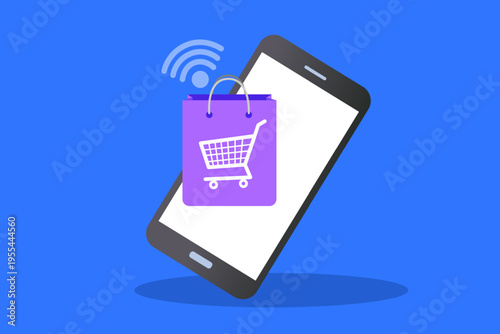 Smartphone with shopping bag and cart icon for online store and mobile commerce