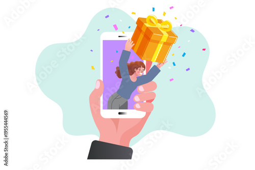 Woman giving gift box from smartphone screen, online reward and digital promotion concept