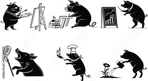 Six black silhouette illustrations of pigs engaging in various human like activities and professions