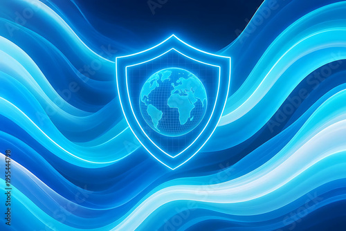 Internet security concept. Shield and globe on fire background. 3D rendering