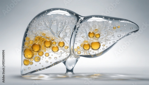 Liver triglyceride storage concept with transparent organ model showing yellow fat droplets and internal structure in clean medical visualization