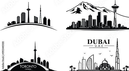 City skylines and mountain ranges in black and white illustrations