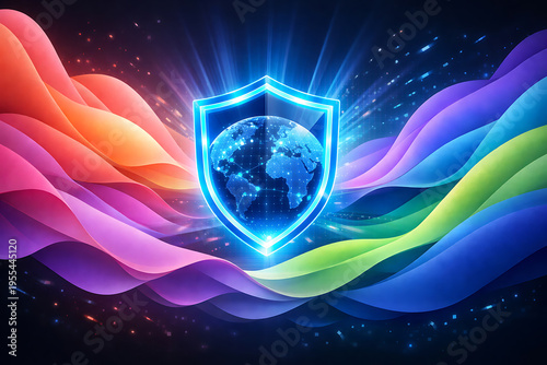 Internet security concept. Shield and globe on fire background. 3D rendering