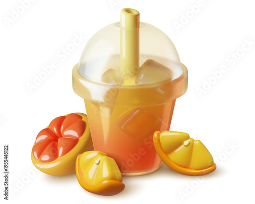 3D Orange fresh juice in a plastic takeaway cup with ice. Cold summer drink with fruit slices. Cute realistic vector illustration.