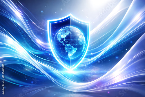 Internet security concept. Shield and globe on fire background. 3D rendering