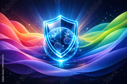 Internet security concept. Shield and globe on fire background. 3D rendering