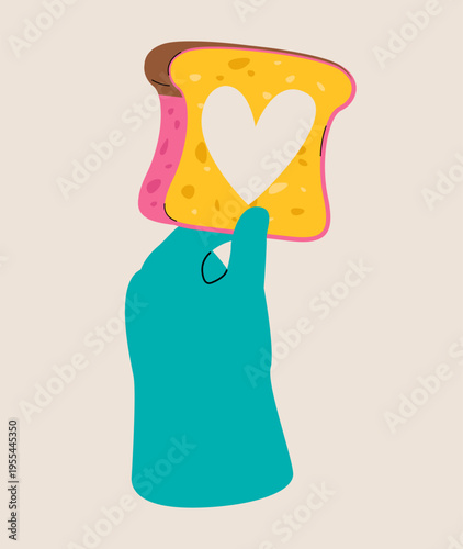 Hand holds loaf of bread. Breakfast toast concept. Colorful vector illustration