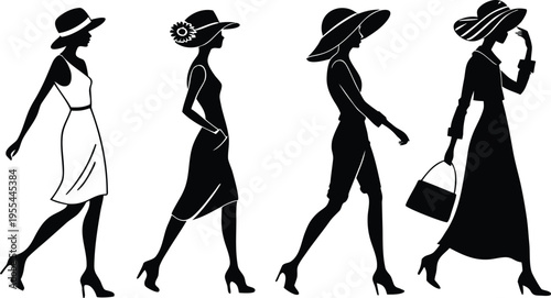 Four stylish women walking in a row with hats and heels