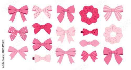 Set of cute pink bows scrunchies and hair clips for fashion illustration