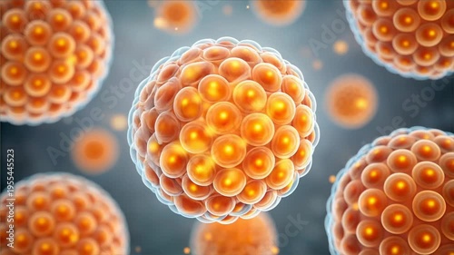 Spherical orange liver cells showing triglyceride storage with microscopic scientific 3D illustration of fat accumulation and detailed structure