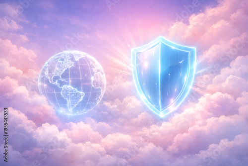 Internet security concept. Shield and globe on fire background. 3D rendering