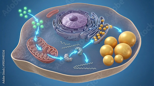 Liver cell triglyceride storage process illustrated with organelles including mitochondria, endoplasmic reticulum, and lipid droplets biological