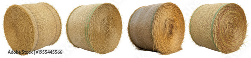 Rustic round straw bales in a varied collection, captured as photographs.