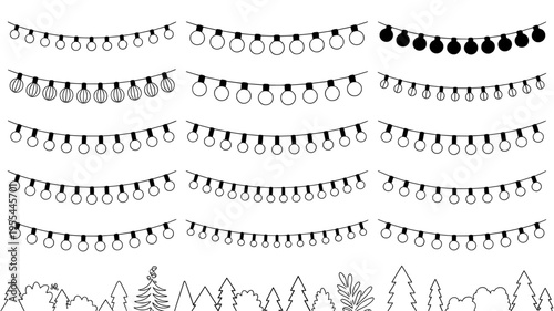 Festive string lights vector set, hanging party light bulbs, black and white outdoor garden garland icons