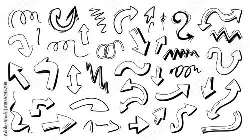 Hand drawn arrow vector set, black ink doodle arrows collection, sketchy pointer icons for creative design