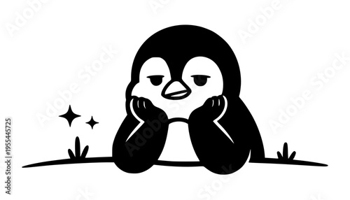 Cute penguin character vector, bored penguin resting head on hands, minimalist black and white animal mascot