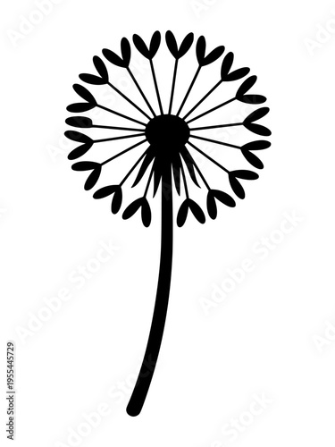 Dandelion flower silhouette vector, black floral botanical icon, minimalist dandelion seed head illustration