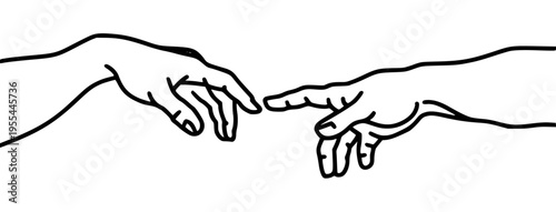 Creation of Adam Minimalist Line Art Vector Illustration of Two Hands Touching Fingers on White Background