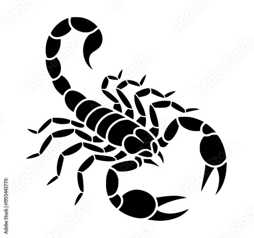 Black Scorpion Vector Illustration Silhouette with Curved Tail and Claws Isolated on White Background for Logo Design