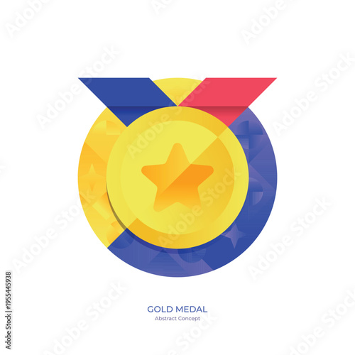 Gold Medal Trophy with Red and Blue Ribbon, First Place Winner, Victory and Success Concept