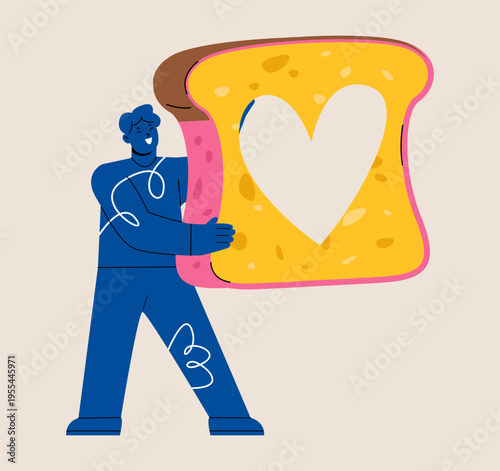 Man holding piece of homemade bread loaf in hands. Colorful vector illustration