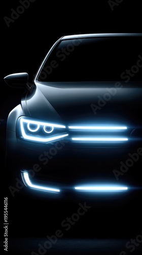 Futuristic Electric Car with Illuminated LED Headlights on a Dark Background
