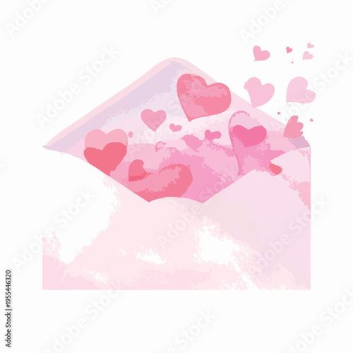 Pink hearts spill out of an open envelope on a soft background