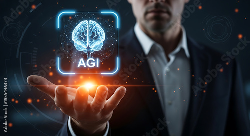 Artificial General Intelligence concept visualized with a human hand presenting a glowing brain icon symbolizing advanced AI