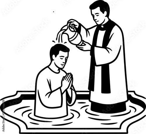 Priest baptizing man in baptismal font. Christian ceremony, religious ritual. Outline vector illustration for church, banner, card
