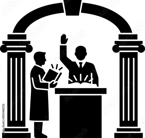 Man giving oath in court or at podium between two columns with arch, a lawyer standing beside him. Courtroom concept. Vector illustration