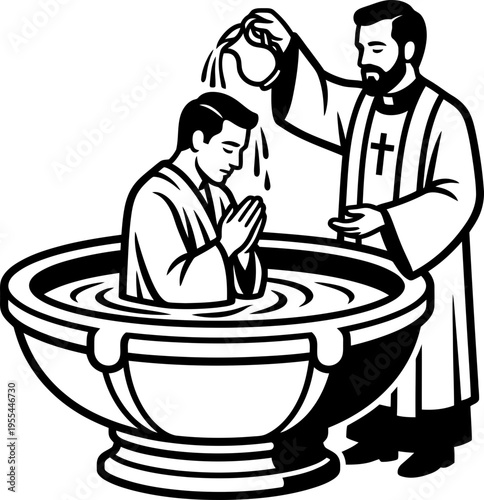 A priest baptizing a man in a large font, pouring water over his head, an ancient religious sacrament vector illustration for ceremony