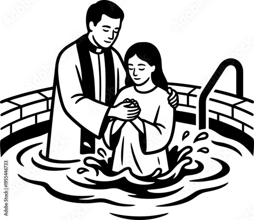 Priest man baptizing young woman in an indoor baptismal font. Christian church sacrament concept. Black and white vector illustration for religious design