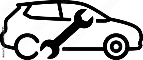 Car with wrench symbol showing auto repair service, mechanic shop or vehicle maintenance concept. Minimalist stock line art vector icon
