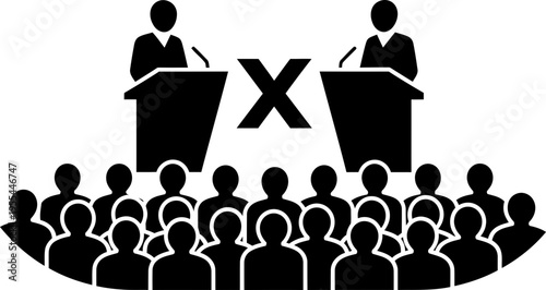 Two men debating on stage with audience and big X mark icon. Political discussion conflict concept. Vector illustration for debate