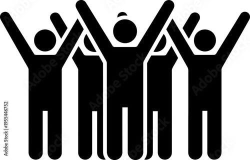 Group of people with raised hands cheering or celebrating, an icon for community, achievement, or success concept. Vector illustration