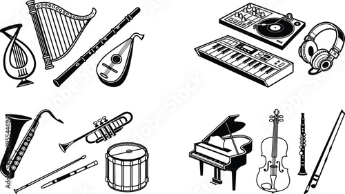 A collection of various musical instruments and equipment for performance and recording