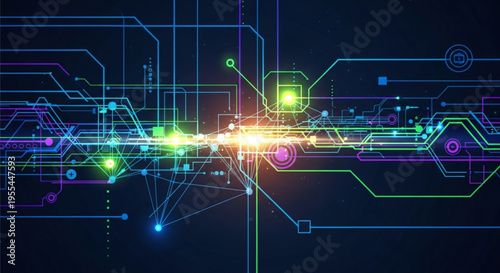 Vibrant circuit board with glowing neon lines and bright lights on a dark background representing technology and innovation