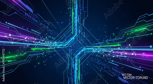 Neon lit circuit board with glowing blue purple and green lines on a dark background futuristic technology concept