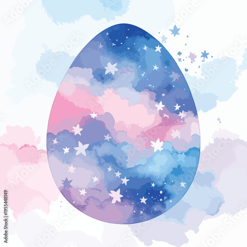 A vibrant egg-shaped illustration of a whimsical night sky filled with stars and clouds