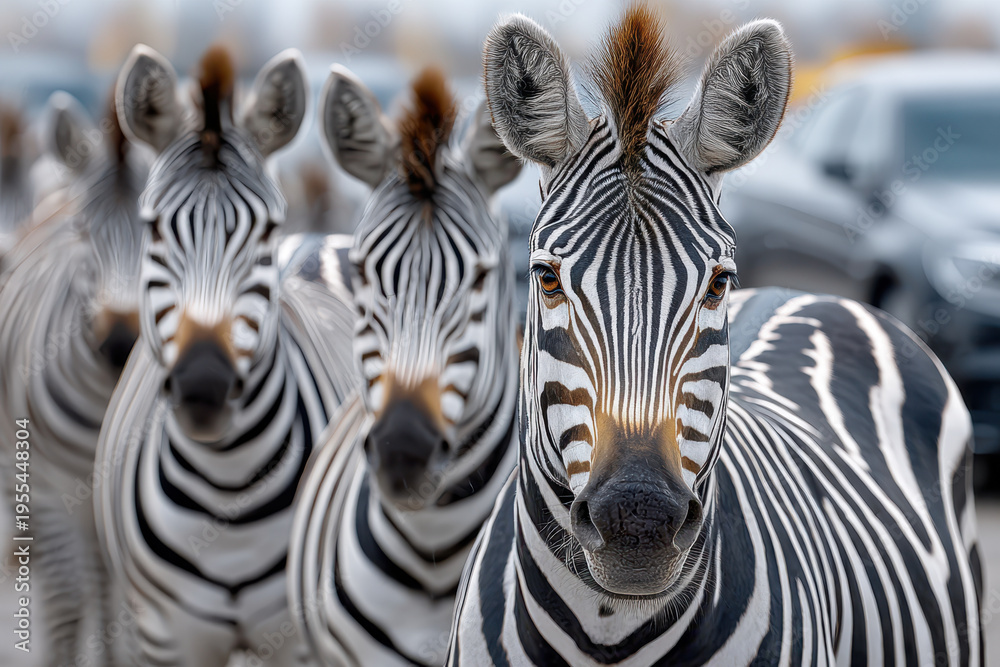 Obraz premium Zebras standing confidently in a line at a wildlife reserve during daylight hours
