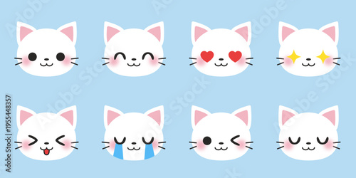 White cat icon collection. Kittens smile emoji symbol set. Simple cat head emoticon pictures. Vector illustration.