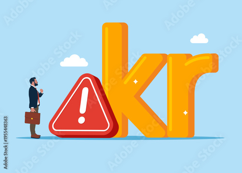 Swedish krona next to a exclamation attention sign of a reliable business bank program with bad quality. Flat vector illustration