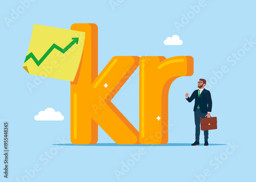 Sweden currency symbol Swedish krona with green up arrow on sticky note. Modern vector illustration in flat style